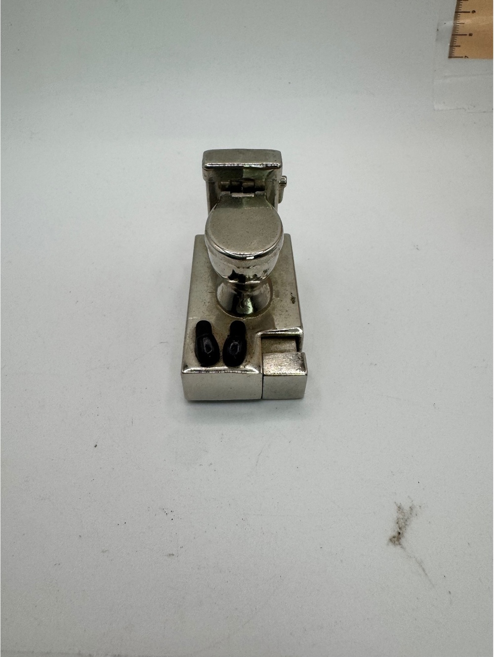 Vintage Silver Tone Miniature Toilet Lighter with Black Shoe Details